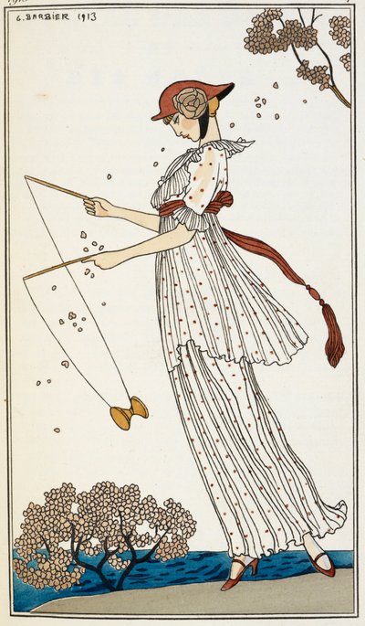 Une femme portant une robe en lin blanc imprimé, jouant avec un jouet - Georges Barbier