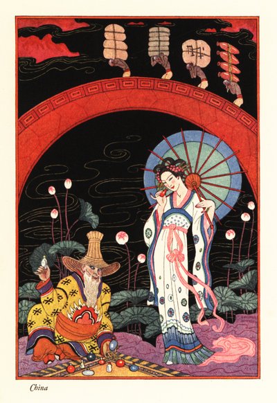 Jeune femme avec un parasol en laque sentant un flacon de parfum - Georges Barbier