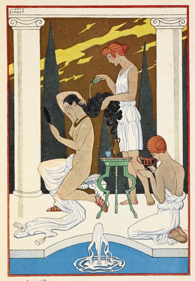 Rome antique. Un personnage se faisant laver les cheveux par des serviteurs. - Georges Barbier