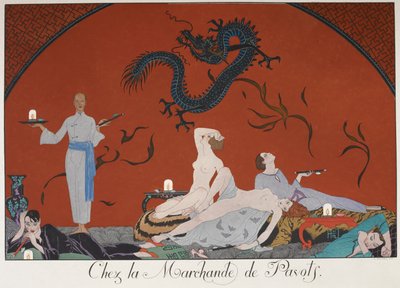 Chez la Marchande de Pasots. Des gens, certains nus, allongés dans une pièce. Décoration chinoise. - Georges Barbier