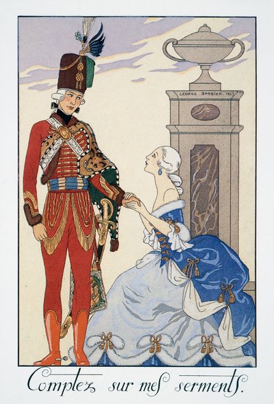 Comptez sur mes serments, hussard hongrois, lithographie de George Barbier (1882-1932), de Falbalas et Fanfreluches, Almanach des Modes Présentes, Passées et Futures - Georges Barbier