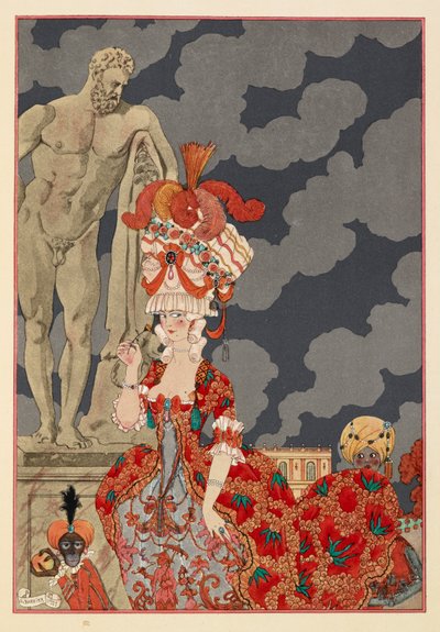 Cortège. Une femme attirante portant une robe rouge et un chapeau élaboré. Un petit singe et un garçon. - Georges Barbier