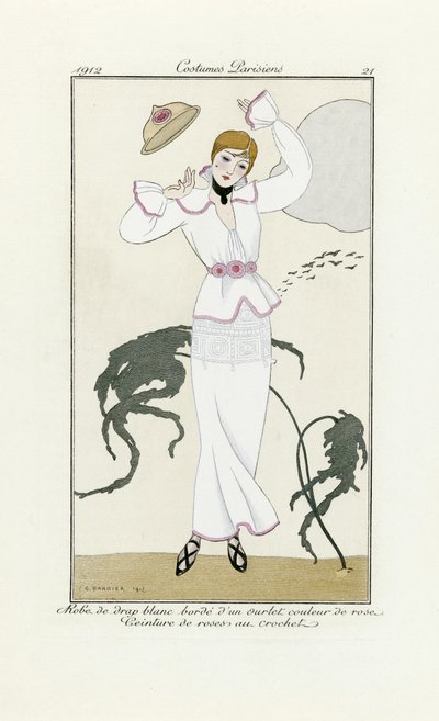 Conception pour Robe Blanche avec Garniture Rose et Ceinture en Crochet, de Costumes Parisien, pub.1912 - Georges Barbier