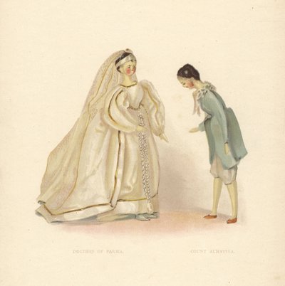 Poupées de la Duchesse de Parme et du Comte Almaviva, du Barbier de Séville, habillées par la jeune Princesse Victoria. Planche en couleur d