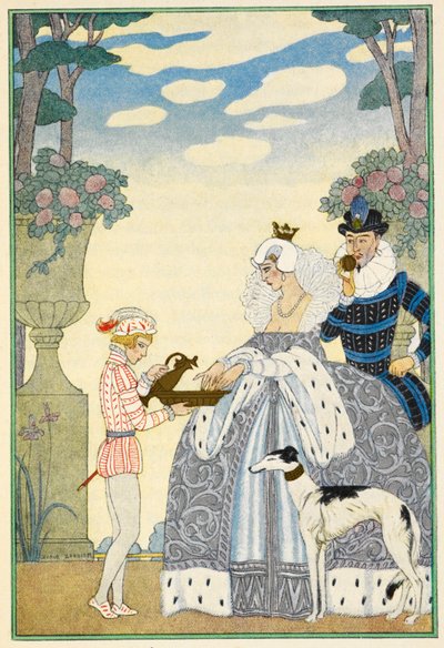 Angleterre élisabéthaine. Une dame et un gentleman, et un serviteur. Un lévrier. - Georges Barbier