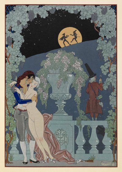Fantoches. (Marionnettes) de Fêtes Galantes de Debussy, Scaramouche et Pulcinelle. Un homme embrassant une femme nue. Deux figures en silhouette contre la lune. - Georges Barbier