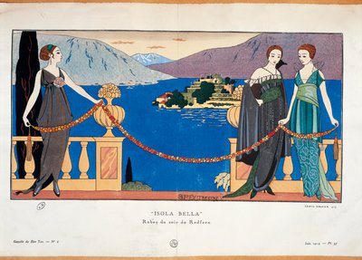 Planche de mode par Georges Barbier représentant des dames en robe de soirée Redfern et l