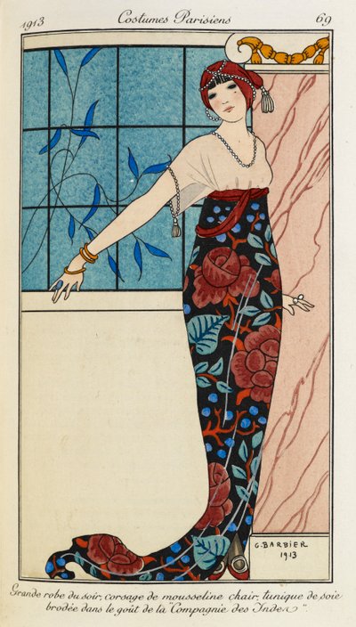 Grande robe du soir, corsage de mousseline chair tunique de soie brodée dans le goût de la « Compagnie des Indes ». Costumes Parisiens no.69. Femme portant une robe de soirée avec un corsage en mousseline et une tunique en soie brodée. Elle porte également - Georges Barbier