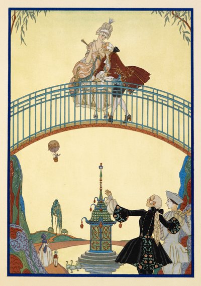 À La Promenade. Un homme et une femme sur un pont. Pierrot, en bas. - Georges Barbier
