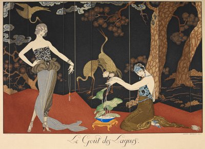 Le goût des laques. Deux femmes devant un paravent laqué. - Georges Barbier