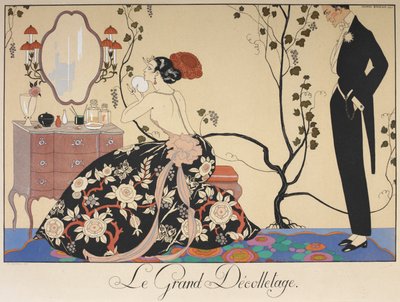 Le grand décolletage. Une femme assise à sa coiffeuse, admirée par un homme - Georges Barbier