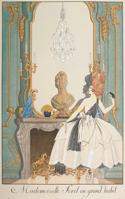 Mademoiselle Sorel en grand habit. Une femme debout devant une cheminée. - Georges Barbier
