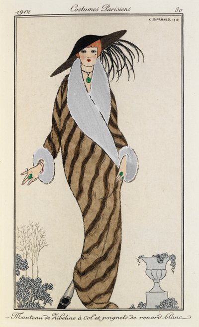 Manteau de Liberline à col et poignets de renard blanc. Costumes Parisiens no.30. Femme portant un manteau rayé de liberline avec col et poignets en renard blanc. Elle porte également un grand chapeau noir avec des plumes et un collier de pierre verte. - Georges Barbier