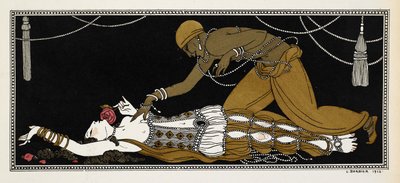 Nijinsky en esclave doré dans Shéhérazade, une suite symphonique composée par Nikolaï Rimski-Korsakov en 1888. Shéhérazade est ici sur son lit de mort, l