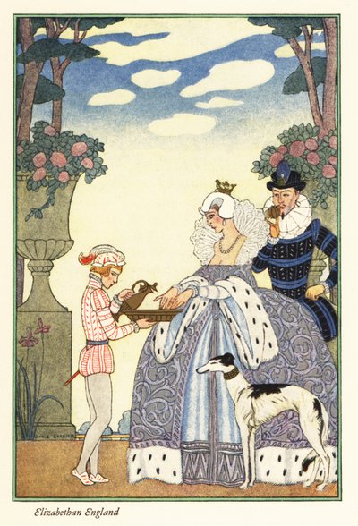 La reine Elizabeth se lave les mains dans un bol tenu par son page. 1928 - Georges Barbier