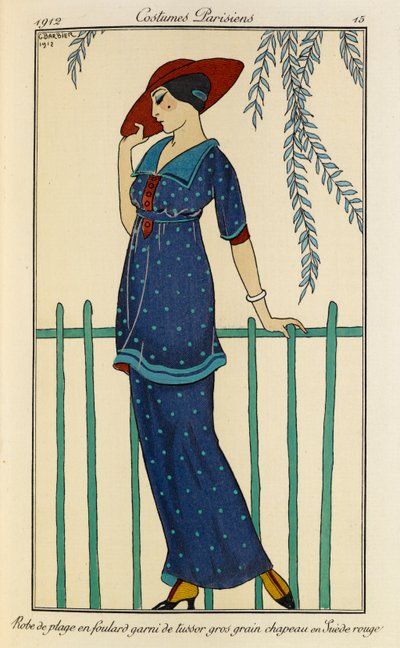 Robe de plage en foulard garni de tussor gros grain chapeau en Suède rouge. Costumes Parisiens no.15. Femme portant une robe de plage et une écharpe en soie brute ornée de gros grain en bleu à pois et un chapeau rouge. - Georges Barbier