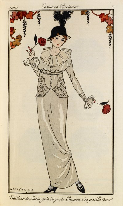 Tailleur de Satin gris de perle. Chapeau de paille noir. Costumes Parisiens no.8 - Georges Barbier