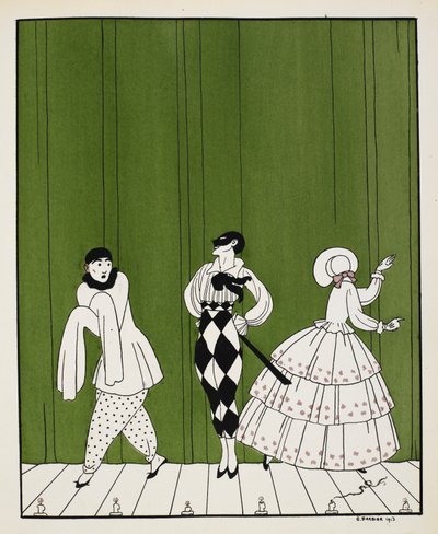 Trois personnages du ballet de 1910, Carnaval, composé par Robert Schumann. À gauche, un artiste mime. Au milieu, un homme vêtu d