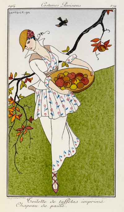 Toilette de taffetas imprimé chapeau de paille. Costumes Parisiens no.179. Une femme portant une tenue imprimée en soie et un chapeau de paille. Elle porte un bol de fruits. - Georges Barbier