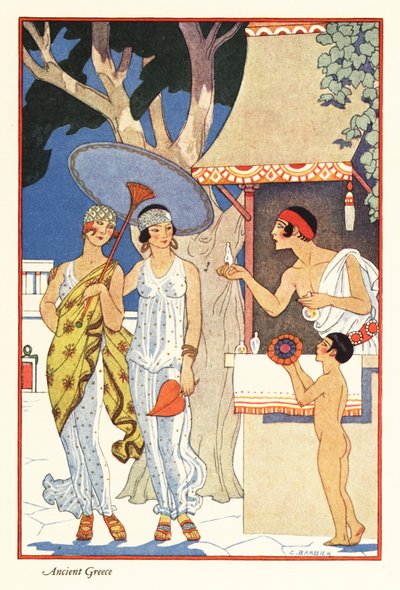 Deux femmes achètent chez un vendeur de parfums dans la Grèce antique 1928 - Georges Barbier