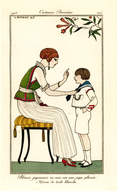 Femme en blouse de soie japonaise et jupe longue plissée - Georges Barbier
