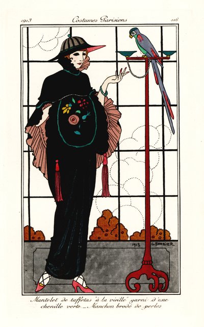 Femme en cape de vieux taffetas avec un perroquet - Georges Barbier