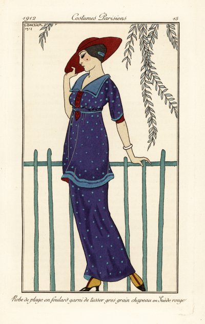 Femme en robe de plage en foulard garni de gros grain tussor, chapeau en suède rouge - Georges Barbier