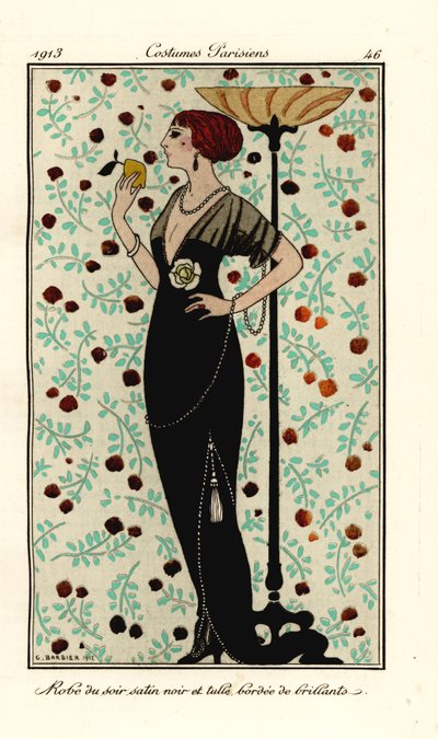 Femme en robe de soirée en satin noir et tulle, bordée de brillants - Georges Barbier