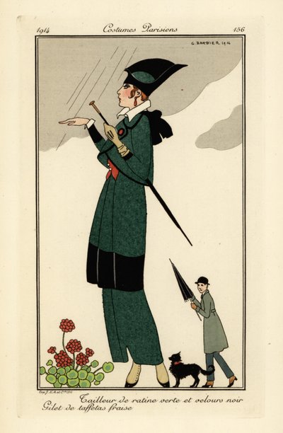 Femme en costume de ratine verte et velours noir - Georges Barbier