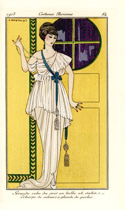 Femme en robe de soirée luxueuse en tulle et satin, ceinture en velours vert avec gland de perles - Georges Barbier