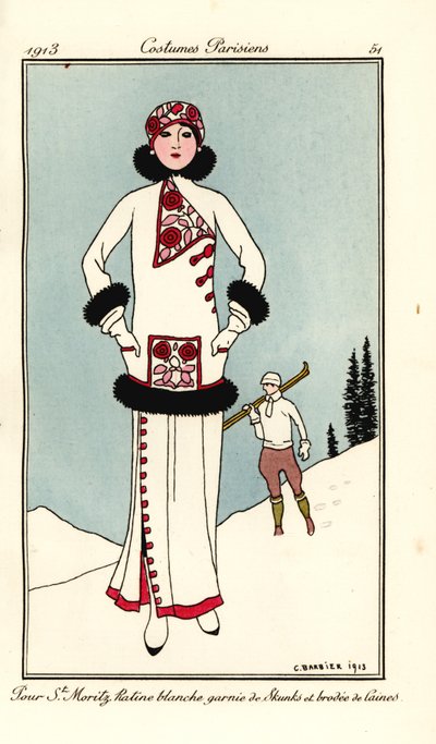 Femme en tenue pour St. Moritz en frise blanche garnie de mouffettes et brodée de laine - Georges Barbier
