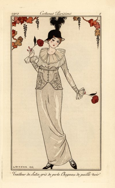 Femme en tailleur gris perle et chapeau de paille noir - Georges Barbier