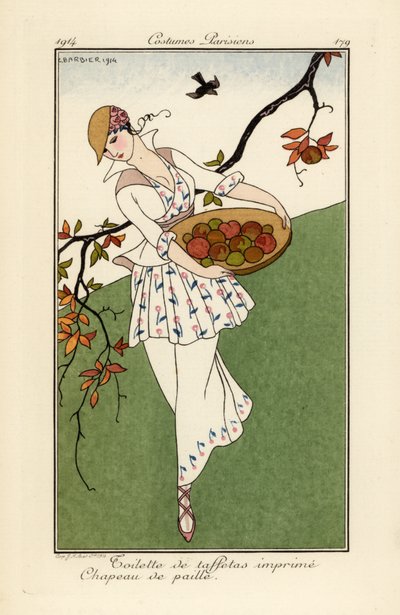 Femme en chapeau de paille et robe en taffetas imprimé - Georges Barbier