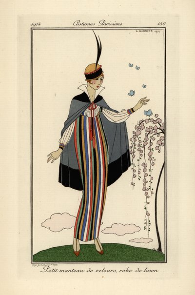 Femme en robe de lin rayée avec une courte veste en velours - Georges Barbier