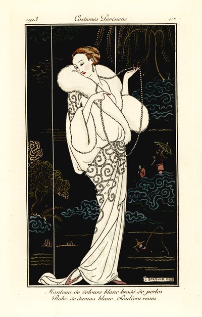 Femme en cape de velours, robe de damas et pantoufles roses - Georges Barbier