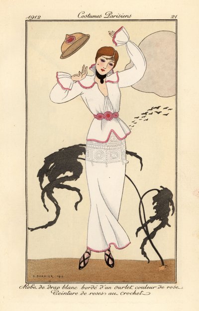 Femme en robe de laine blanche avec bordure rose, ceinture de roses au crochet, perdant son chapeau dans le vent - Georges Barbier