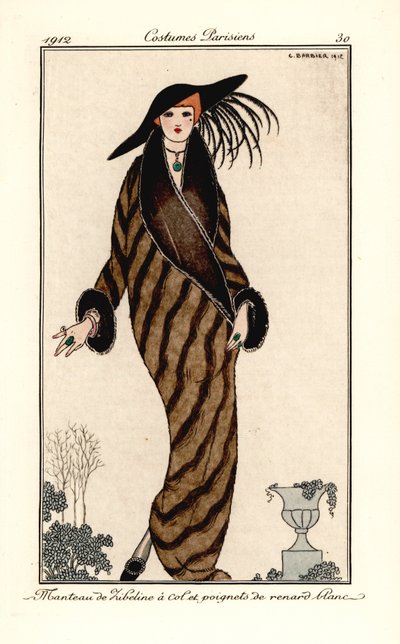 Femme en manteau de zibeline avec col et poignets en fourrure de renard blanc - Georges Barbier