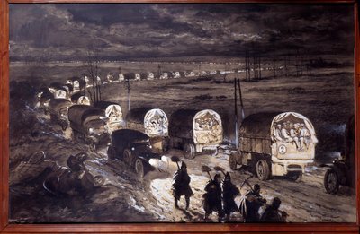 Première Guerre mondiale (1914-1918) : « La Voie Sacrée de Verdun » Aquarelle de Georges Bertin Scott (1873-1942) dit Scott de Plagnolles. Mars 1916 - Georges Bertin Scott