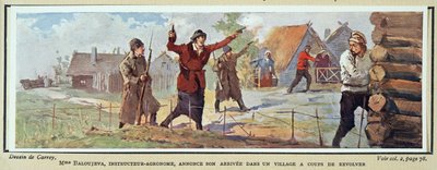 Mme Baloujeva, agronome, annonce son arrivée dans un village avec un revolver, de Histoire des Soviets, pub. 1922 (lithographie en couleur) - Georges Carrey