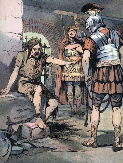 Guerre des Gaules : « Le guerrier gaulois Vercingétorix prisonnier dans les armes romaines de Jules César dans les prisons du Tullianum, 46 av. J.-C. » Illustration par - Georges Conrad