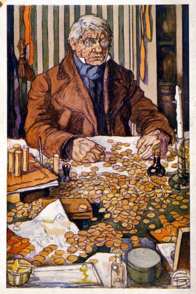 Le père Grandet comptant son argent - Illustration dans "Eugénie Grandet" par Honoré de Balzac, coll. Bibliothèque Idéale - Georges Dupuis