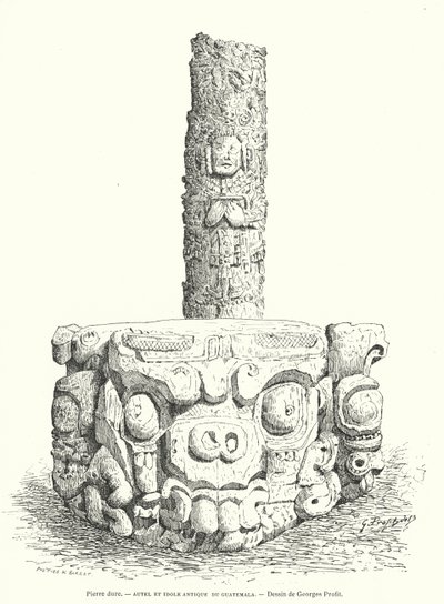 Autel en pierre sculpté maya et idole du Guatemala (gravure) - Georges Ernest Profit