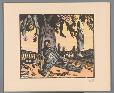 Soldat allongé contre un arbre avec des personnes pendues (Kultur en automne) - Georges Hermann Rene Paul