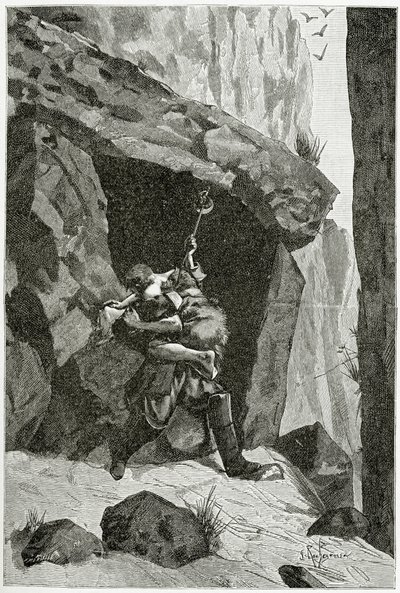 Combat d’Han d’Islande et d’Ordener - illustration de Han d’Islande, 19e siècle (gravure en noir et blanc) - Georges Marie Rochegrosse