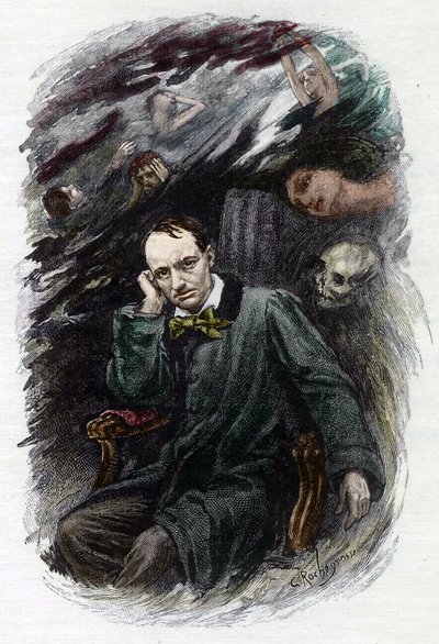 Portrait du poète français Charles Baudelaire entouré de ses fantômes, illustration pour « Les Fleurs du mal » par Georges Antoine Rochegrosse - Georges Marie Rochegrosse
