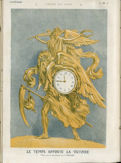 Illustration de Georges Meunier (1869-1934) dans « Fantasio », 01/04/15 - Le temps apporte la victoire - Guerre de 14-18, Victoire - Temps (Allégorie de), Victoire (allégorie) - Allégorie - Georges Meunier