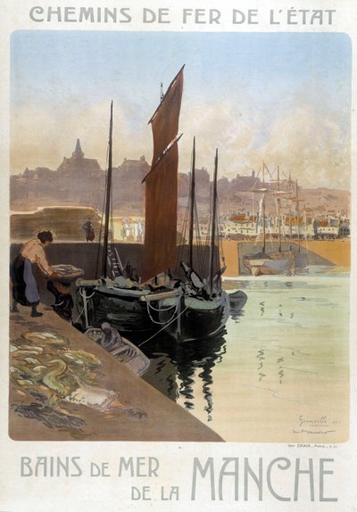 Les bains de mer de la Manche (Vue du port de Granville) - Affiche des Chemins de fer de l
