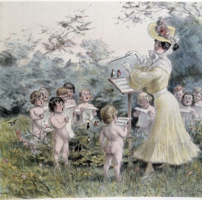 Amours : jeune femme chantant des chérubins - Georges Redon