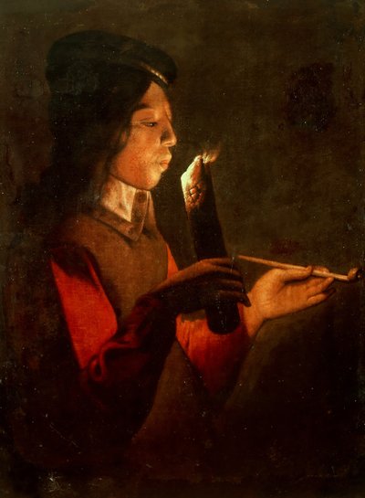 Un jeune garçon avec une pipe, soufflant sur une braise Le Souffleur à la pipe - Georges de, La Tour