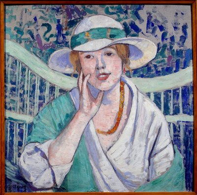 Portrait de dame au chapeau blanc et vert - Georgette Agutte